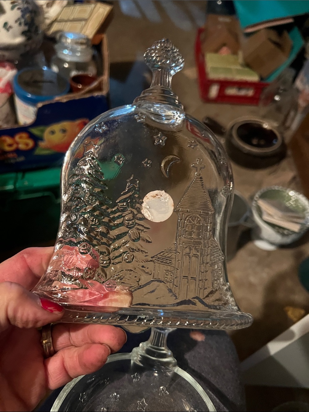 Glass Bell Cloche with Winter Church Scene - Clear